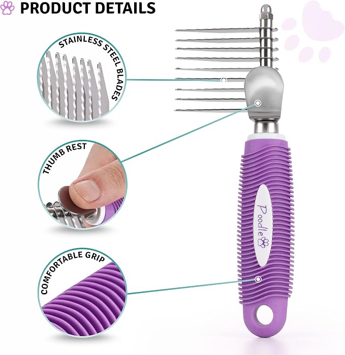 Poodle Pet Bundle - Dematting Fur Rake Comb Brush Tool with Steel Safety Blades for Detangling Matted or Knotted Undercoat Hair and Slicker Brush for Small and Large Dogs Pet Hair Remover