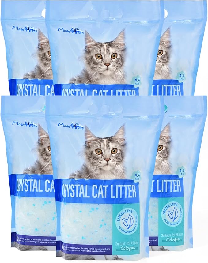 Made4Pets Cat Litter Crystals, Non Clumping Cat Litter Odor Control Silica Gel Cat Litter Non Clumping Low Dust, Low Tracking, Lightweight, Dehydrates Waste,Cologne– 25.8 lbs (6 x 4.3 lb Packs)