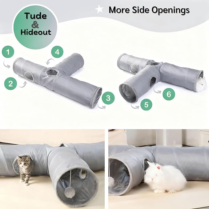 JanYoo Rabbit Bunny Tunnel Hideout Bunny Toys for Rabbits Guinea Pig Accessories Ferret Kitty 3 Ways Collapsible Tunnels (Solid Grey)