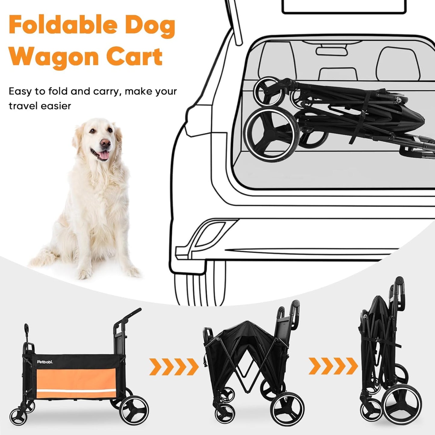 Petbobi Dog Wagon Stroller for Large & Medium Dogs - 2-in-1 Push-Pull Pet Stroller with Ramp, Foldable All Terrain Wagon Cart, One-Step Brake, Suitable for Outdoor Walks & Camping, Orange