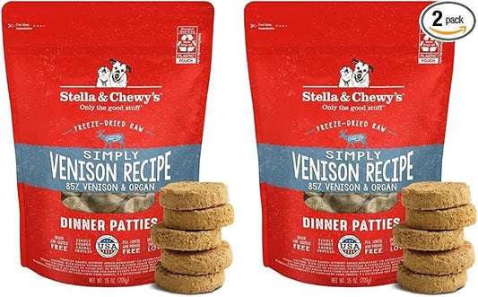 Stella & Chewy's Freeze-Dried Raw Dinner Patties - Simply Venison Recipe - High Protein Grain-Free Puppy & Dog Food - Perfect for Picky Eaters - 25 oz (Pack of 2)