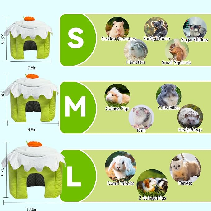 Guinea Pig Hideout, Warm Bunny House, Washable Winter Dwarf Rabbit Bed for Hamster, Chinchilla,Hedgehog, Ferret & Other Small Animals (Green-L)