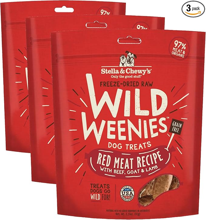 Stella & Chewy's Freeze-Dried Raw Wild Weenies Dog Treats - High-Protein Training Treats for Dogs & Puppies - All-Natural Red Meat Recipe with 97% Meat & Organs - USA Made - 3.25 oz Bag (Pack of 3)