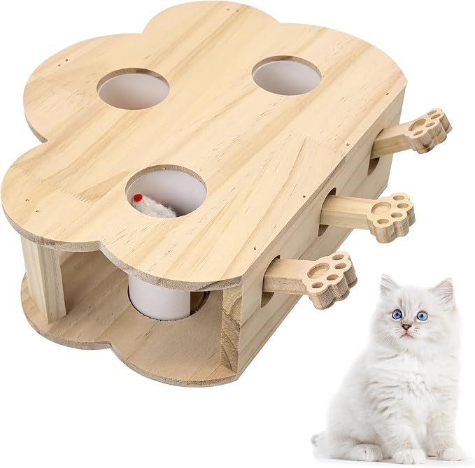 kathson Whack A Mole Cat Toy, Wooden Enrichment for Indoor Cat, Interactive Kitten Puzzle Toy for All Ages Cats Intelligence Training and Exercise (Cloud-Shaped)
