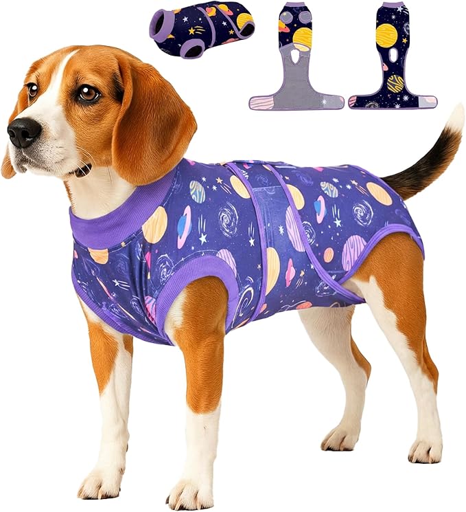 PetWarm Small Dog Recovery Suit, Cone of Shame Alternatives Dog Bodysuit for Abdominal Affected Areas Sensitive Skin Areas Anti-Licking Pet Recovery Suit for Dogs, Galaxy Pattern, Purple, M