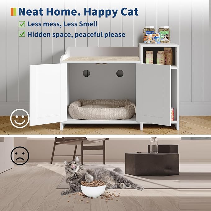 GarveeLife Cat Litter Box Enclosure Furniture, Hidden Litter Box Cabinet, Indoor Wooden Cat Washroom, Pet House, Dog Proof Hideaway Kitty Litter Box Enclosure, Side End Table with Storage, White