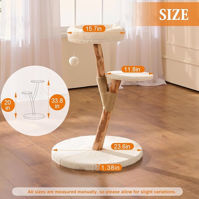 YOCAN Modern Cat Tree Tower for Indoor Cats, 2-Tier Cat Furniture with Natural Wood Posts, Soft Plush Bed, Scratching Post & Hanging Ball Toy, Stylish Cat Climbing Tower