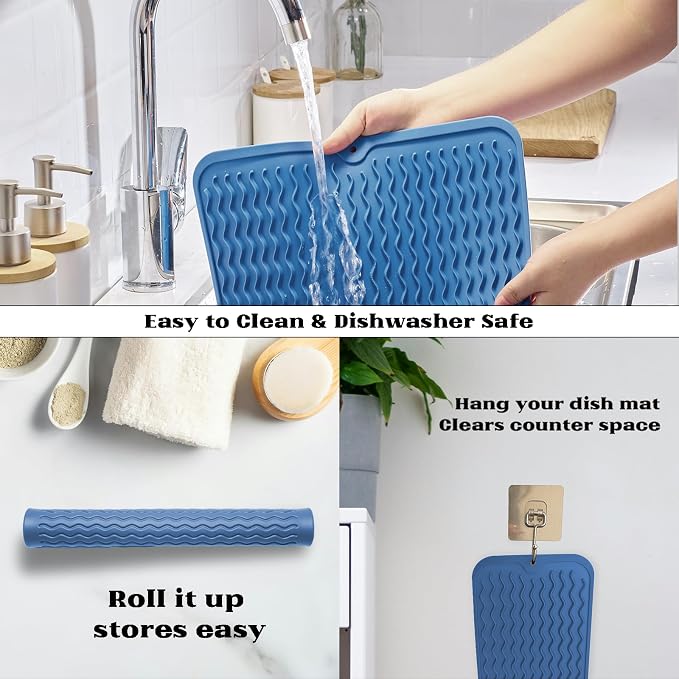 ZLR 4-in-1 Silicone Mat 12" x 12" / 305 x 306mm Square - Dish Drying Mat, Air Fryer Mat, Coffee Maker Pad & Heat Resistant Trivet (up to 450°F) - Non-Slip Food-Grade BPA-Free (Lichen Blue)