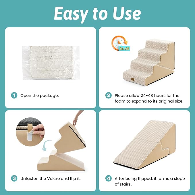 COZY KISS Dog Stairs for Small Dogs, 3-Step 2 in 1 Transformable Pet Stairs for Couch and Bed, 15.7" H Dog Steps for Old Cats, Puppy, Small Dogs (Beige, 17.7x28.3x19.7 in, 4.0)