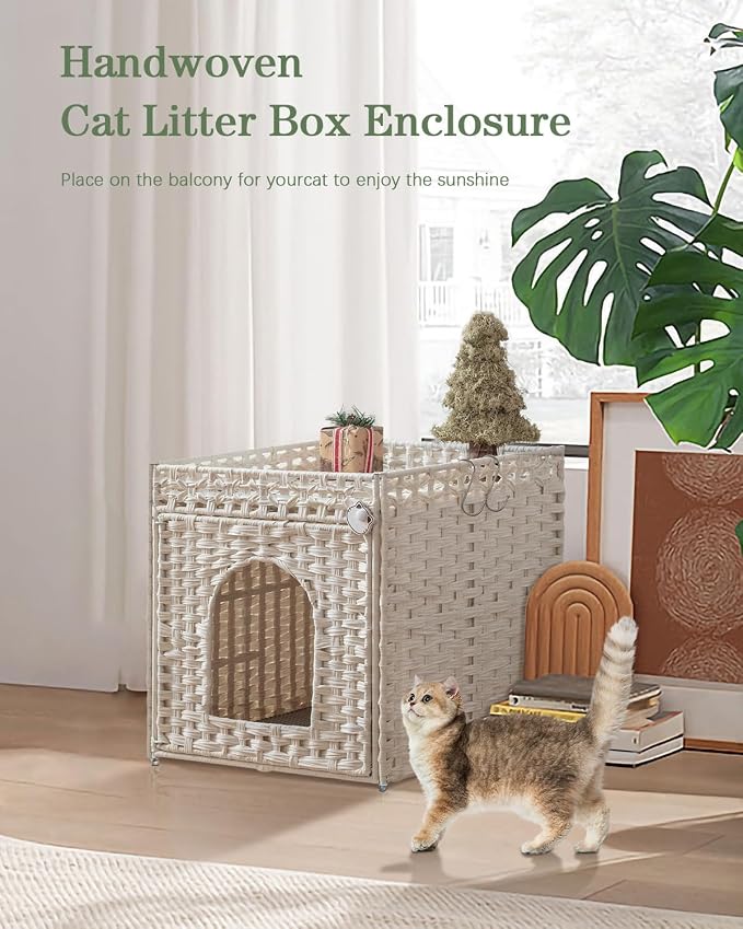 SETVSON Cat Litter Box Enclosure Furniture, Hidden Litter Box with Mat and Fence, Handwoven Rattan Cat House with Two S-Shaped Hooks for Living Room, Bedroom, 18.5 x 20.5 x 19.1 Inches (White