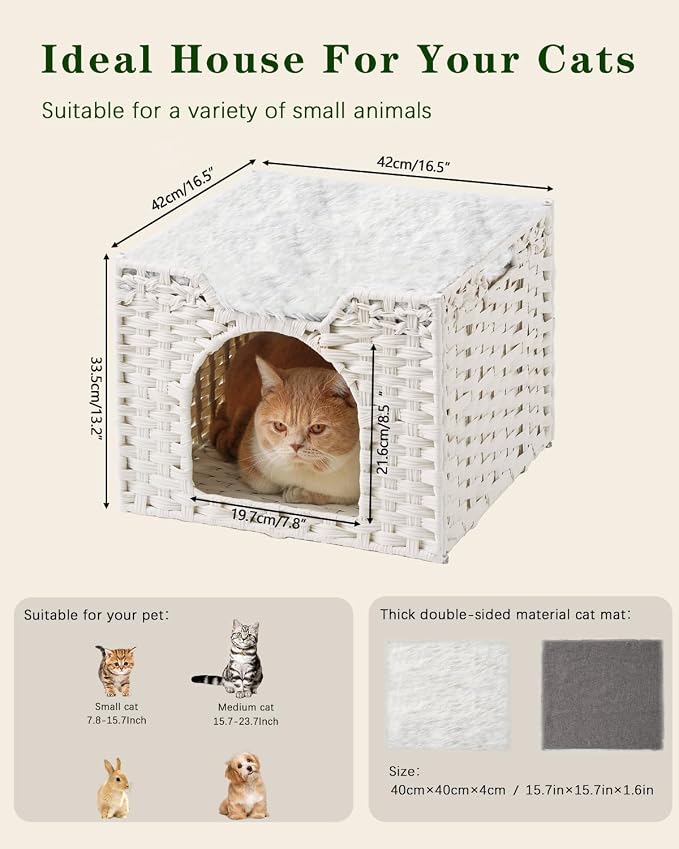 SETVSON Cat Beds Indoor Kitten House, Handwoven Rattan Cat Cave Pet Cube, Large Cat Houses, One Bed Mat, Foldable, Hideaway, 16.5x16.5x13.2 Inches, 2 S-Shaped Hooks in Living Room Bedroom White