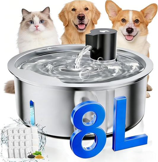 Dog Water Fountain, 8L Stainless Steel Dog Water Fountain for Large Dogs, Dog Water Bowl Dispenser, Super Quiet Pump and Replacement Filters for Cats and Dogs (Silver-8L+16Filters)