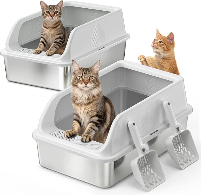 2 Pack XL Stainless Steel Litter Box, Metal Cat Litter Boxes with Lid, High Sided Enclosed Litter Boxes for Big Cat and Multiple Cats, Anti-Urine Leakage | Non-Stick Bottom & Includes Scoop