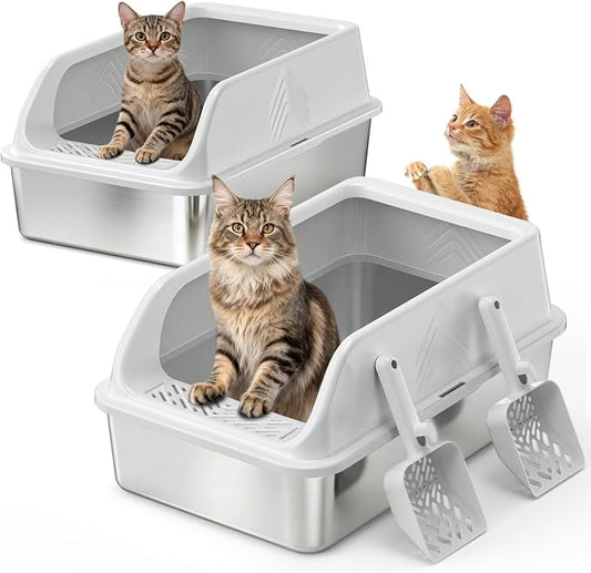 2 Pack XL Stainless Steel Litter Box, Metal Cat Litter Boxes with Lid, High Sided Enclosed Litter Boxes for Big Cat and Multiple Cats, Anti-Urine Leakage | Non-Stick Bottom & Includes Scoop