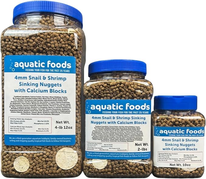 Calcium Blocks Included in Snail & Shrimp, 4mm-3/16 Sinking 40% Protein Nuggets with for Snails, Shrimp, Crabs, All Bottom Tropical Fish…10oz Jar
