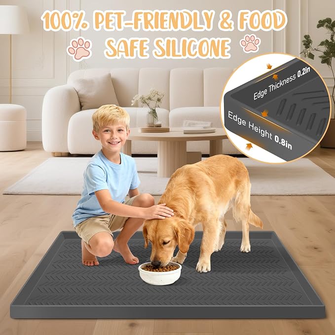 30”x 16” Silicone Dog Feeding Mat, Kalolary Waterproof Pet Feeding Mat with High Raised Edge Avoid Spill Out, Nonslip Dog Bowl Placemats Cat Feeding Mats for Floors Easy to Clean, Grey