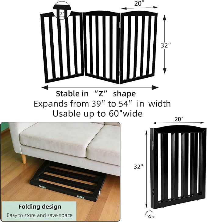 Freestanding Dog Gate Indoor,Doggie Gate Foldable Pet Gates for Doorways,Stairs or Hallways, Wooden Black Pet Gate for the House, Pet Fence,32 "Height-3 Panels