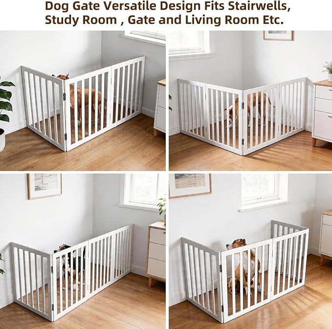 Dog Gate Indoor, Freestanding Dog Fence for The House, Doorways, Hallways,or Stairs,Pet Gate Foldable Wooden,Expandable 32" Height 3 Panels,White