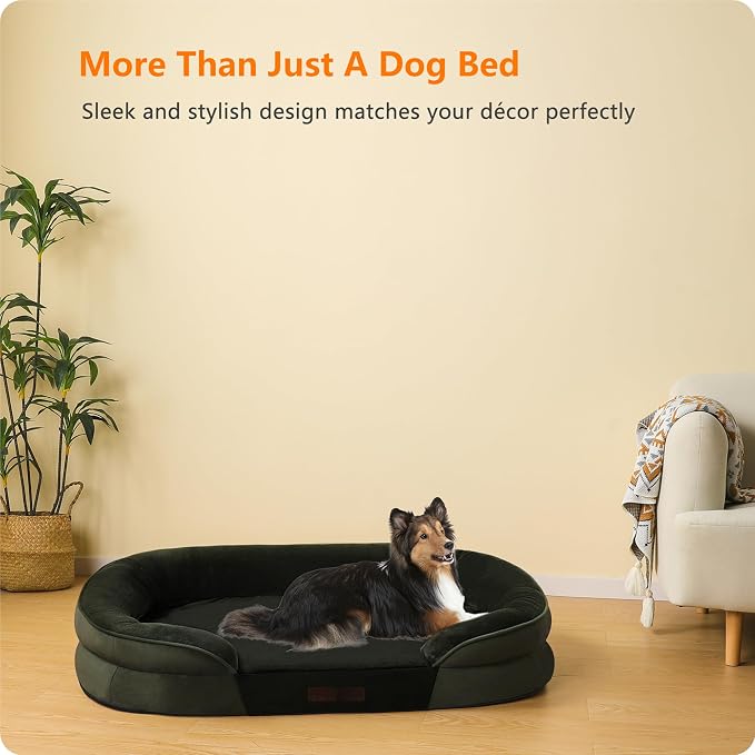 Dwanton Orthopedic Dog Bed for Large Dogs with Gel Memory Foam, Waterproof Dog Sofa, Washable Pet Bed with Four Sided Bolster Cushion, Removable Cover & Non-Slip Bottom, 38", Green