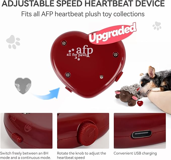ALL FOR PAWS Heartbeat Dog Toy, Puppy Sleeping Buddy Cuddle Toy, Dog Soothing Plush Toy with Warm Bag, Crate Training Puppy Stuffed Animal Gift Toys, Heartbeat Box with USB Charging