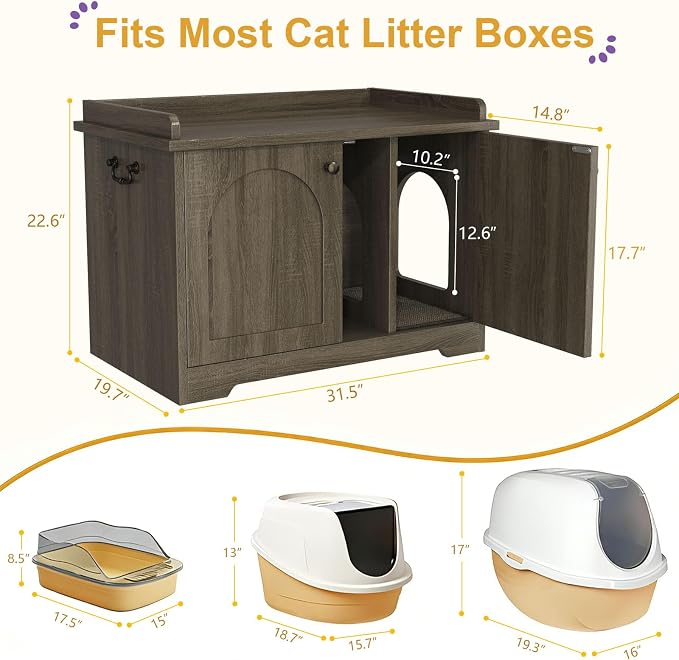 Cat Litter Box Enclosure, Hidden Litter Box Furniture with 2 Door, Pet House Fit Most of Litter Box, Dark Oak Gray