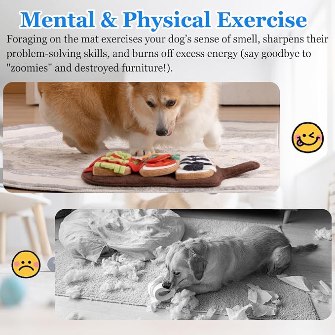 Dog Snuffle Mat for Boredom and Anxiety Relief - Interactive Puzzle Feeding Mat with Squeaky Crinkle Paper, Food-Hiding Design for Mental Stimulation & Energy Burning (Burger Fries Style)
