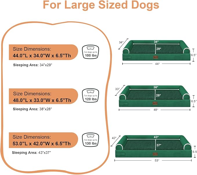 NANUYA Large Dog Bed Orthopedic Washable: Beds Bolster XXL Bed Big XLarge Dogs Egg Crate Foam Sofa Couch Waterproof Removable Cover - Emerald