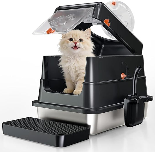 Stainless Steel Cat Litter Box with Lid, Small Enclosed Metal Litter Pan with High Sides, Full Flip Cover Litter Box for Kittens, Include Scoop & Step, Leak Proof Easy Clean Odor Control, Black