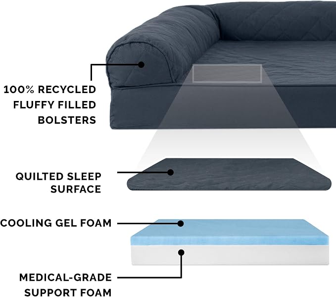 Furhaven Cooling Gel Dog Bed for Medium/Small Dogs w/ Removable Bolsters & Washable Cover, For Dogs Up to 35 lbs - Quilted Sofa - Iron Gray, Medium