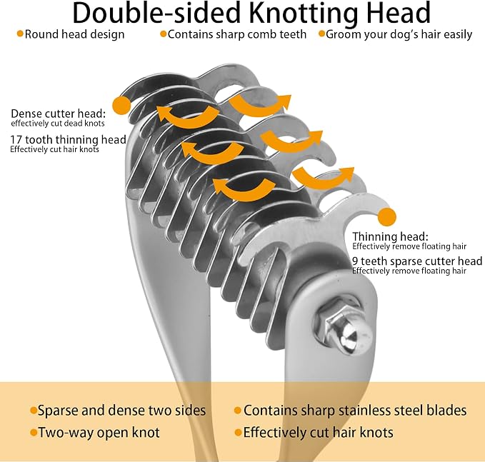 2 - Sided Pet Grooming Tool, Undercoat Rake for Dogs and Cats, Double - Headed Brush with Thinning and Dense Blades to Remove Loose Hair and Knots, Zinc Alloy Comb for Pup (Small Size)