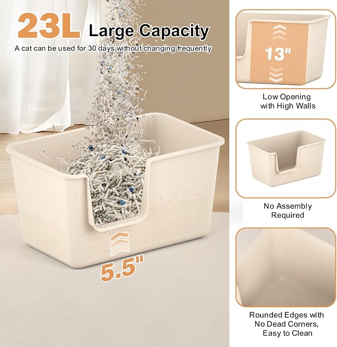 Cat Litter Box with High Sided,24.8" Lx14.9 Wx13.0 H,Extra Large Cat Litter Box for Big Cats,XL Jumbo Kitty Litter Box for Indoor Cats,Tool-Free Assembly (Beige)