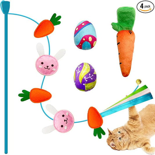 4 Pack Easter Cat Toys, Bunny Cat Wand Toy with Bell, Easter Egg Catnip Toys with Crinkle, Easter Gifts for Indoor Cats & Kitten & Kitty