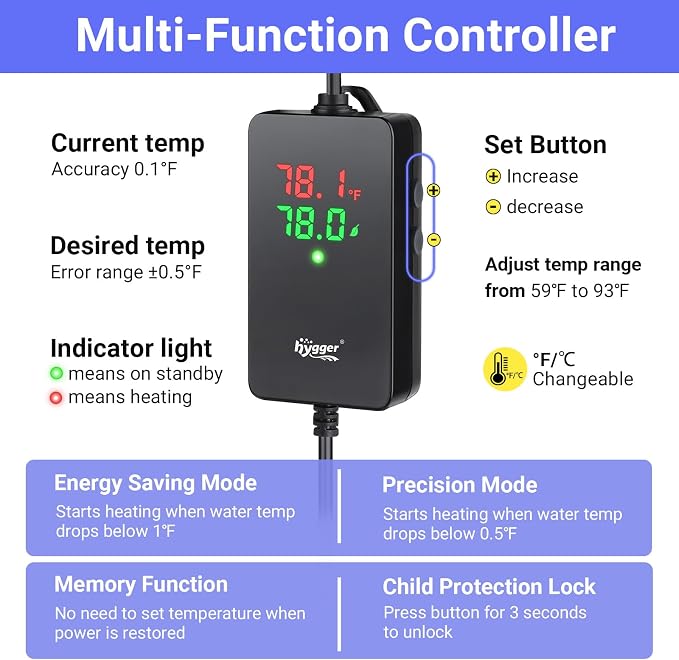 hygger ECO Precise Aquarium Submersible Heater, 100W for 10-20 Gallon Fish Tank Heater with Digital Display Adjustable Controller for Marine Saltwater Freshwater