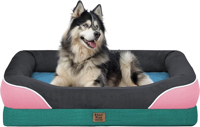 Chez Paw XXL Orthopedic Dog Bed for Extra Large Dogs, Extra Thick Egg-Crate Foam Waterproof Pet Couch with Removable Washable Cover, 4-Sided Bolster & Non-Slip Bottom, Navy Blush 45"x35"x7.5"