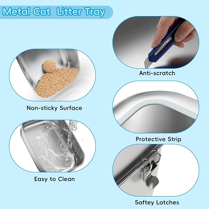 Stainless Steel Cat Litter Box, 23.6" L x 15.7" W x 11.8" H Extra Large Semi Enclosed Removable Metal Litter Tray with High Sided Enclosure, Scoop, Non-Sticky, Easy Cleaning