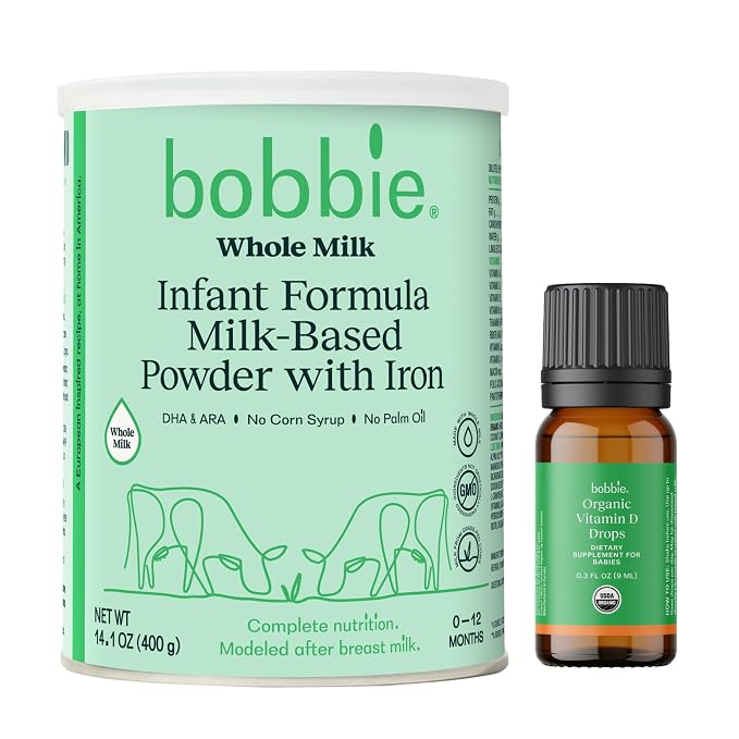 Bobbie Whole Milk, Grass Fed Baby Formula and Vitamin D Drops for Newborn Babies and Infants, Milk Based Powder with Iron Plus Liquid Vitamin D, Formula Feeding and Breastfeeding Baby Essentials