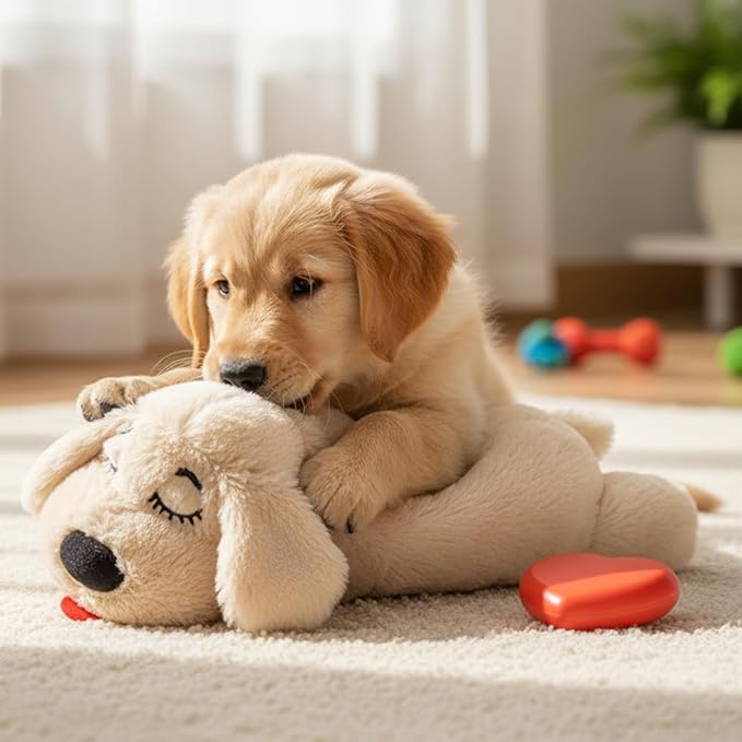 3T GROUP Heartbeat Puppy for Dogs Sleep Aid Dog Heartbeat Stuffed Animal Toy for Puppy Essentials Plush Pillow Pet Calming Anxiety Relief (Beige)