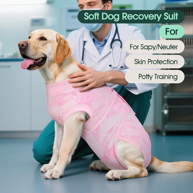 Kuoser Dog Surgery Recovery Suit, Anti Licking Surgical Suit for Dogs Male Neuter, Soft Dog Surgery Suit Female Spay Subsititute E-Collar Cone, Doggie Body Suits After Surgery Pink Tie Dye L