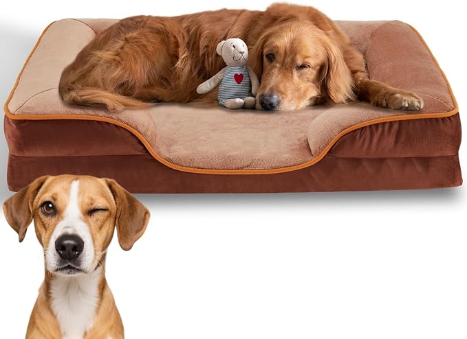 Simple Deluxe X-Large Orthopedic Dog Bed, 42 inch Memory Egg-Crate Foam Dog Bed with Waterproof Washable Removable Cover, Pet Couch Bed with Non-Slip Bottom, Brown