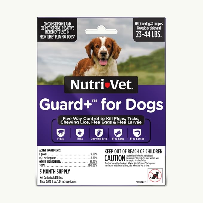 Nutri-Vet Guard+ for Dogs, Flea and Tick Prevention Spot On Drops, Topical Treatment for Dogs 23-44 lbs, Puppy Essentials, Waterproof Formula, 3 Monthly Doses, 90 Days of Protection