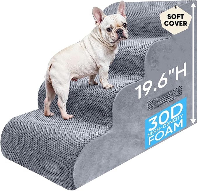 PAWSCRAT Pet Stairs for Dogs 4-Step, 19.6" H Pet Stairs for High Bed, Couch Sofa & Chair, 30D Material Soft Foam Dog Steps with Non-Slip Bottom Surface Removable Washable Cover, LightGrey