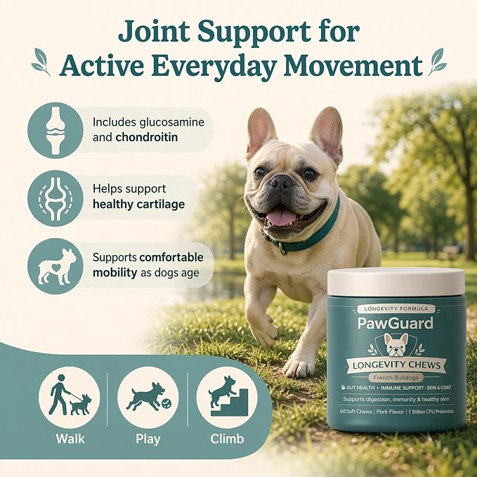 PawGuard French Bulldog Longevity Chews, Breed-Specific Soft Chews for Digestive Health & Immune Support with Probiotics & Digestive Enzymes, Plus Glucosamine & Chondroitin for Joint Support