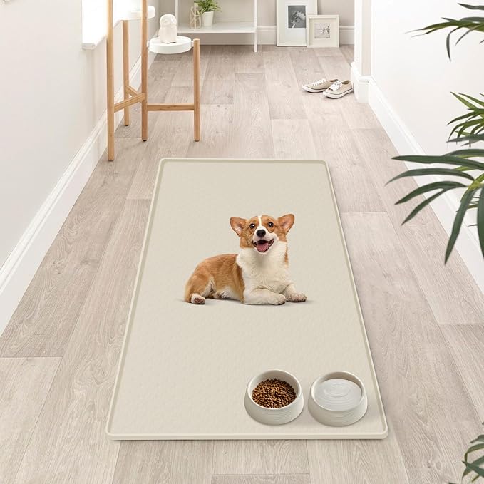 Dog Food Mat, Extra Large 51" x 25.6" Silicone Pet Feeding Mat with Raised Edge Pet Placemat for Small, Medium, and Large Pets Non-Slip, Easy to Clean (Beige)