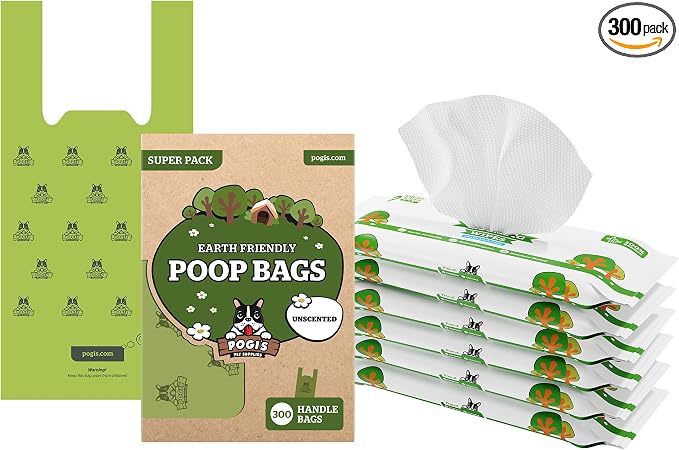 Pogi's Poop n' Wipe Travel Pack - 300 Unscented Dog Poop Bags with Handles and 120 Plant-based Green Tea Leaf Scented Grooming Wipes