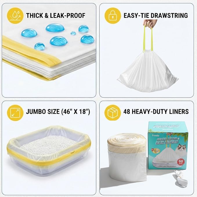 60 Pack 37"x18"Cat litter box liners – No-Tear, Easy-Pull 3MIL Leakproof Jumbo Litter Box Liners, Heavy Duty Drawstring, Boxed Packaging, Odor Control Kitty Litter Bags with Adjustable Elastic Band
