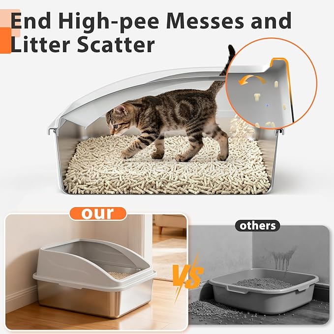 2 Pack Stainless Steel Litter Box | XL Enclosed Cat Litter Boxes with Lid for Big Cats and Multi-Cats | High Sided, Anti-Urine Leakage | Non-Stick Bottom（Ivory White）