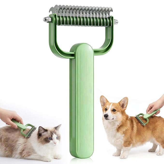 Double Sided Dematting Comb For Dogs And Cats, Undercoat Rake For Shedding, Detangling And Dematting Long, Matted Fur On Cats And Dogs (Green)