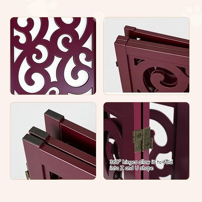 Ashfield & Harkness: 3-Panel Pet Gate - Scroll Mahogany - Wooden Foldable Freestanding Fence, Small Dogs & Puppy, 48 x 19.3, Doorway-Halls-Stairs