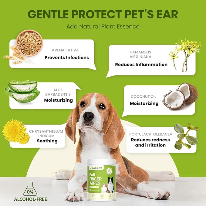 PawSono Ear Finger Wipes Eye Wipes for Dogs & Cats, Thicker Dog Ear Cleaner Wipes, Natural Relief Cat Ear Cleaner Dog, Pet Health Supplies for Dog Kitten Small Animal, Aloe Scent Deodorizing - 100 P