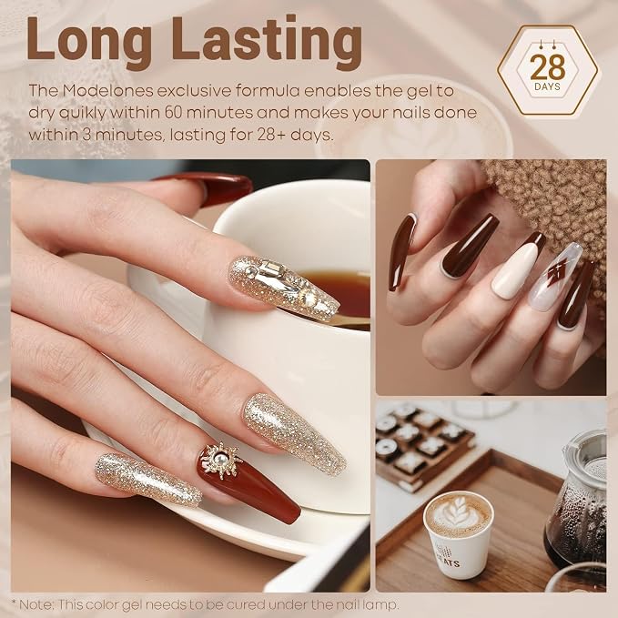 modelones Gel Nail Polish Set, 12 Colors Winter Neutral Nude Brown Gold Glitter Gel Polish Tawny Cinnamon Burdundy Maroon Classic Collection for All Skin Tones LED Nail Art Salon DIY Gift